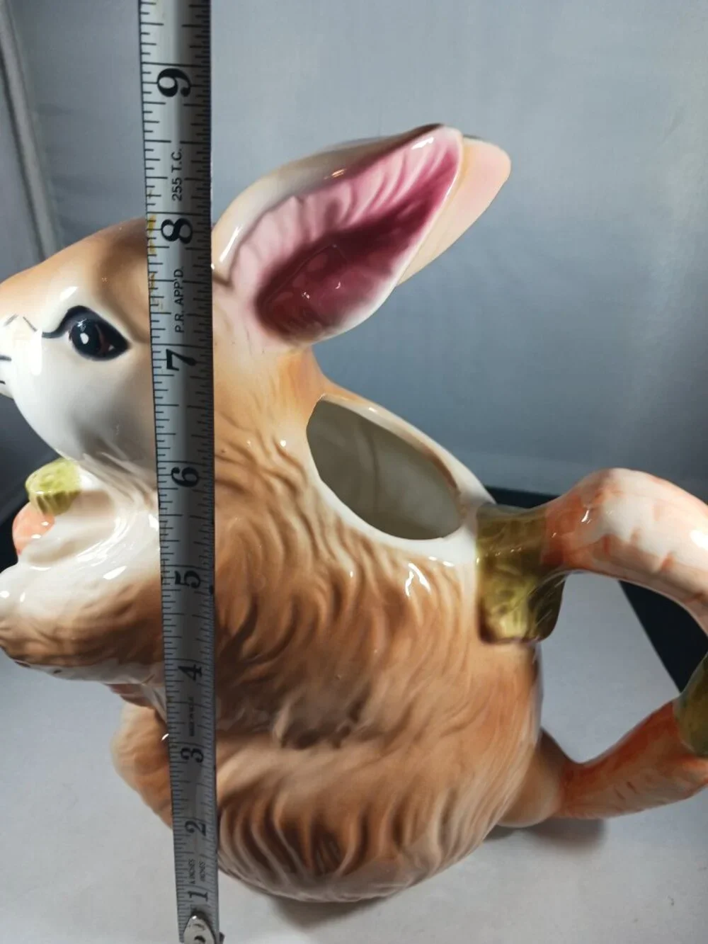 Ceramic Big Eyed Brown Bunny Rabbit Carrot Handle Pitcher Vase Easter Decor